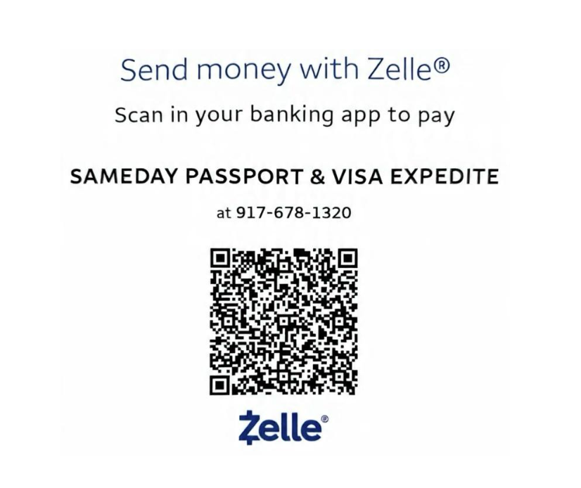 Zelle QR code for Sameday Passport and Visa Expedite