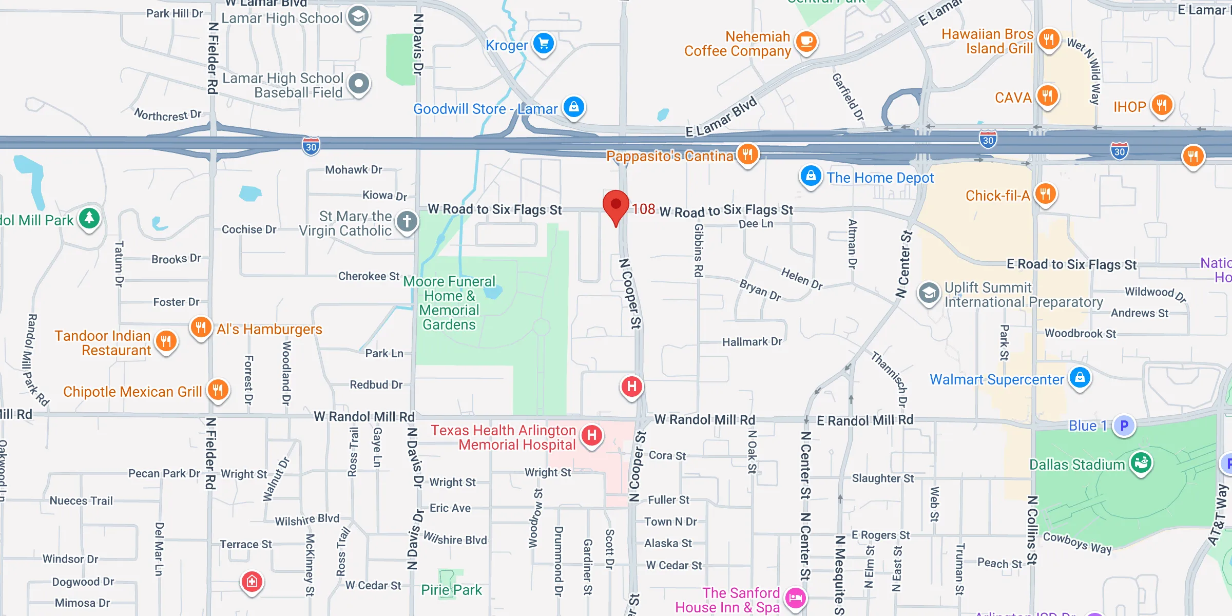 Map of Premier Passports at 1420 N Cooper Street, Suite 108, Arlington, on N Cooper opposite the QuikTrip